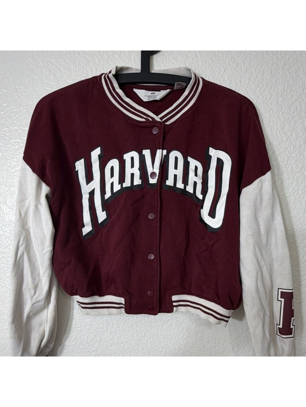 H&M Harvard Crimson Varsity Jacket Burgundy/White Snap Front Size 12/14